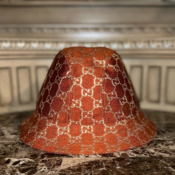 Gucci Canvas Lame GG Monogram Bucket Hat S Burnt Orange Silver - Picture 4 of 7